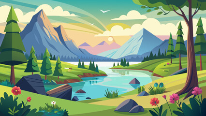 Serene mountain lake landscape with colorful wildflowers and trees at sunrise