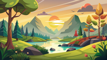 Serene mountain landscape with a winding river at sunset with vibrant colors
