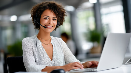 Woman looking at camera while providing assistance through headset in bright office. Contemporary workspace with greenery and large windows