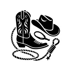 Classic western cowboy boot hat and lasso silhouette design