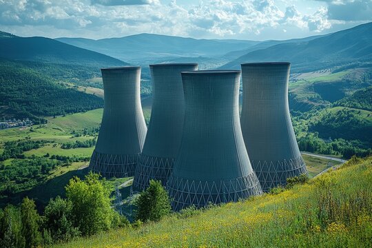 Nuclear power plant integrated with AI servers and cooling systems with copy space. 