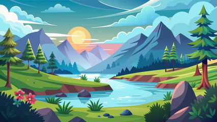 Vibrant cartoon landscape with mountains river and sun at sunset
