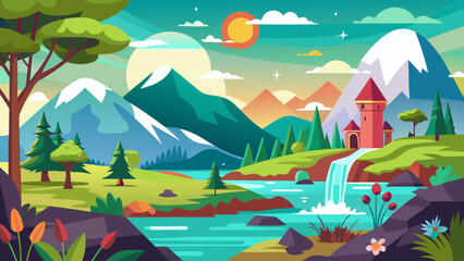 Enchanting fantasy landscape with a castle waterfall and snow capped mountains