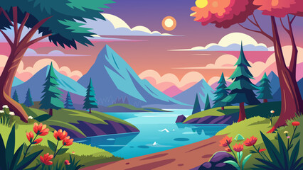 Vibrant cartoon landscape with mountains lake trees and flowers at sunset