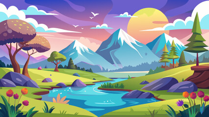 Vibrant cartoon landscape with snow capped mountains and a winding river at sunset