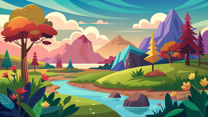 Vibrant cartoon landscape with a winding river and colorful mountains at sunset