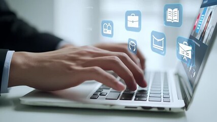 Hands Typing on Silver Laptop with Business Icons Hovering Against a Bright White Background in Office Setting - Powered by Adobe