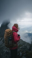 A solitary hiker braving the elements on a rugged mountain peak engulfed in atmospheric mist and clouds