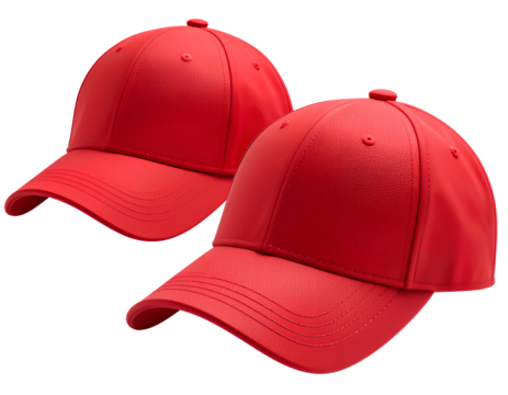 Set of Two Toy-Like 3D Red Caps with Simplified Shapes and Shiny Plastic Texture, Transparent PNG