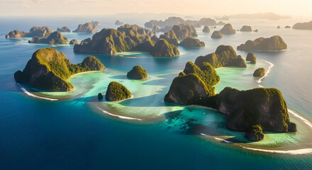 Aerial view of tropical islands with cliffs and vibrant blue ocean
