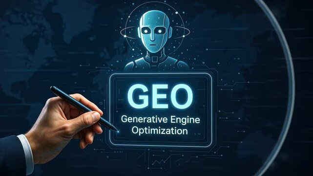 Business hand with stylus pointing on glowing holographic of GEO interface, with floating AI head avatar and digital world map in cool tech setting. AI Optimization, Generative Ranking