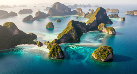 Aerial view of tropical islands with cliffs and vibrant blue ocean