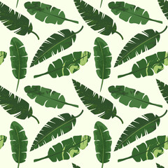 Green tropical foliage, light nature background, seamless abstract palm leaves pattern. Vector illustration for fabric, wallpaper, package, banners
