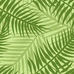 Green tropical foliage, light nature background, seamless abstract palm leaves pattern. Vector illustration for fabric, wallpaper, package, banners