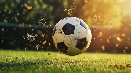 Dynamic shot of a classic soccer ball in motion on a vibrant green field
