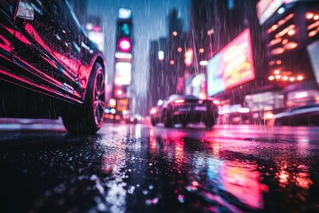 Obraz premium Futuristic neonlit cityscape at night urban rainy scene high-quality holographic environment dynamic viewpoint for immersive experience