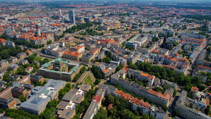 A panoramic aerial view of the city Leipzig in Germany on a sunny day in spring