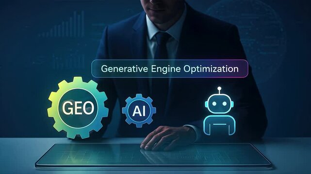 professional businessman in modern office using digital panel with glowing icons and floating text for Generative Engine Optimization, AL Generative Ranking in quiet workspace - Powered by Adobe