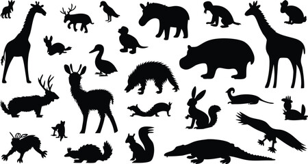 Fototapeta premium Silhouette Collection Giraffe, Deer, Hippo, Eagle, Alligator, and Diverse Wildlife Illustrations, Perfect for Graphics Projects