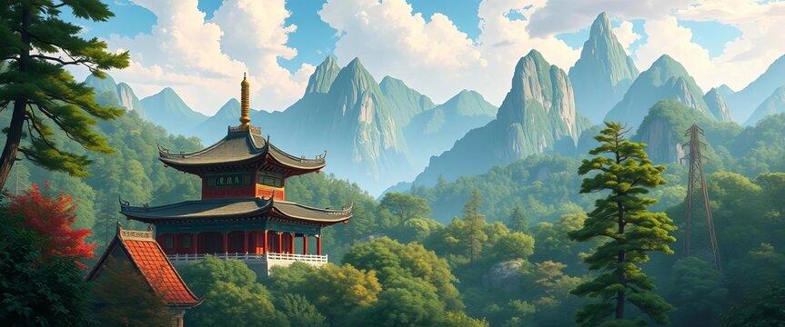 Serene anime-style Chinese temple nestled in lush forest, towering mountains backdrop, fog, mountains