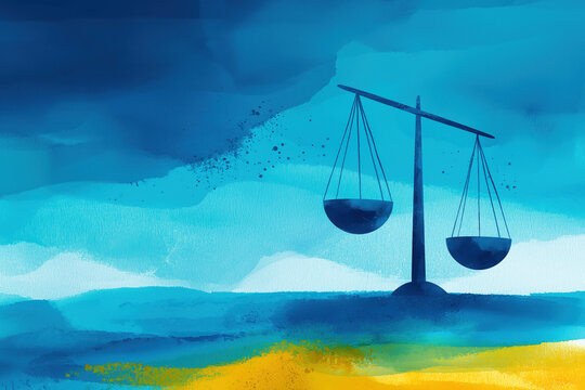 The scales of justice, a symbol of divine judgment and righteousness in a biblical context. Abstract watercolor illustration with a dramatic, painterly background.
