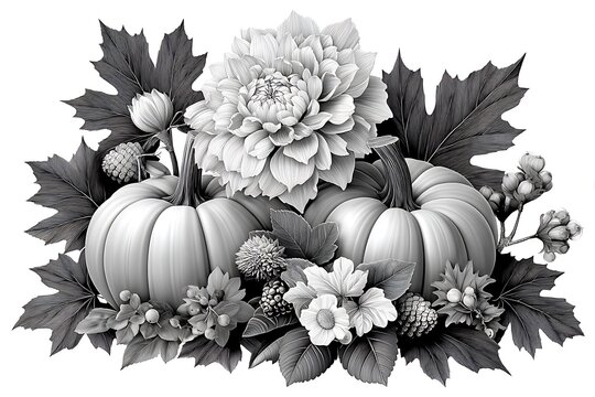 Grayscale pumpkin and flower arrangement artwork high resolution picture