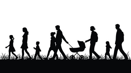 Silhouette of a Family Walking Across a Field with a Stroller and Grass