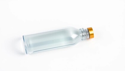 Sleek minimalist reusable water bottle, gold cap, white background,  top view,  gold