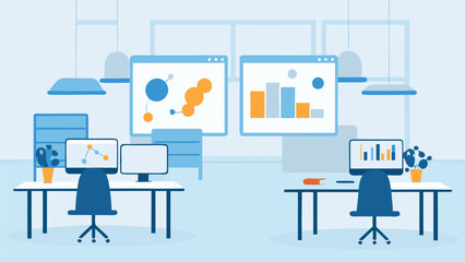 Illustration of an office space with desks computers and data visualizations on the screens shown here