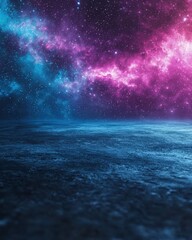Vibrant Nebula over Alien Planet Surface nebula space galaxy cosmos universe stars night sky abstract background texture ground alien planet landscape horizon blue purple pink violet cyan magenta dark