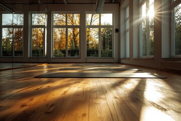 Fototapeta premium Modern fitness studio with large mirrors and natural light urban location interior photography bright environment ground level view wellness concept