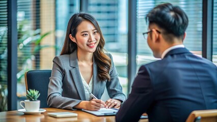 Attractive Asian businesswoman engaged in formal conversation with man colleague or company client, met in boardroom lead discussion, planning joint project, share solutions and updates seated at desk
