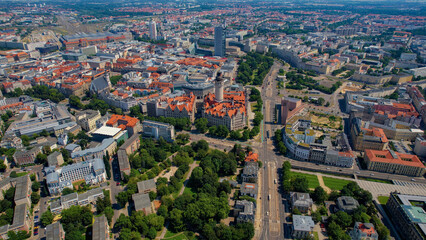 A panoramic aerial view of the city Leipzig in Germany on a sunny day in spring