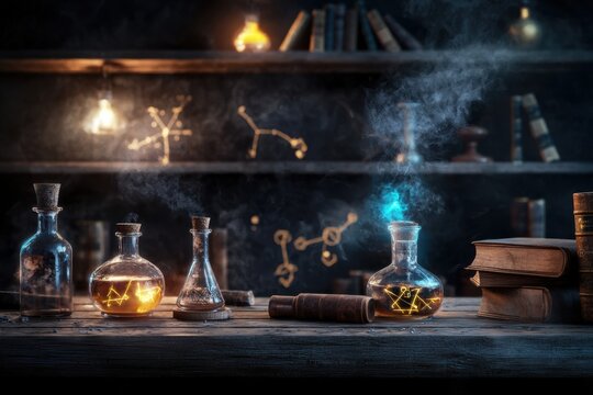 Mysterious alchemist's laboratory enigmatic shelf setup digital art atmospheric environment close-up view secrets of ancient chemistry