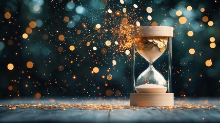 Time management concept with hourglass sparkling coins abstract background indoor setting close-up view