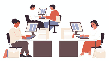 Illustration of people working at desks with computers in an office environment setting indoors