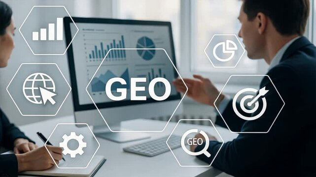 Two business people in suits work together in office, one pointing at data charts and other writing notes with virtual GEO text and icons showing AI Optimization, Generative Ranking