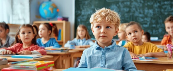 The attentive child in a vibrant classroom setting with classmates.