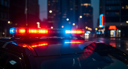 Obraz premium Flashing red and blue police lights on patrol vehicle 