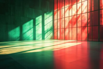 Dramatic Colorful Light and Shadow in Modern Empty Room room empty light shadow modern dramatic colorful interior window color red green abstract architecture space atmospheric render concrete wall