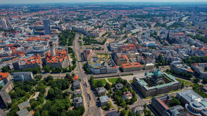 A panoramic aerial view of the city Leipzig in Germany on a sunny day in spring