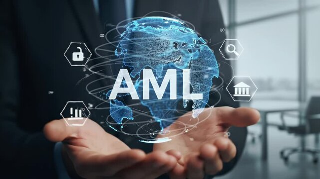 Man In Suit Presents Blue Digital Globe With AML Text Surrounded By Financial And Security Icons For Anti Money Laundering Concept