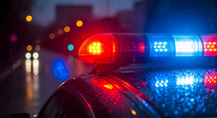 Flashing red and blue police lights on patrol vehicle	