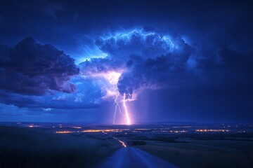 Dramatic Night Landscape Lightning Storm over Rural Countryside Road