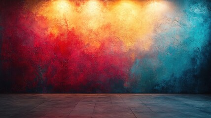 Vibrant Gradient Light on Textured Wall Background background wall gradient vibrant abstract texture colorful red orange yellow blue teal grunge rustic concrete floor room empty room dark lighting