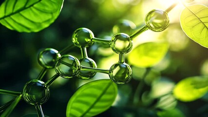 Molecular Structure Model with Green Leaves Represents Science, Research and Green Technology - Powered by Adobe