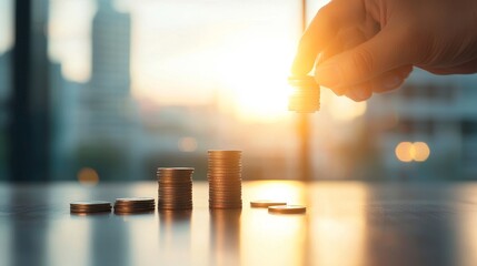 Investment strategies growing wealth with coins urban office financial images bright environment close-up view money management