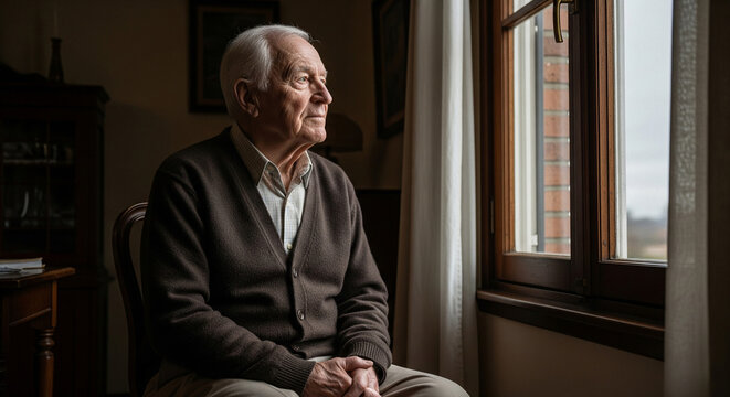 Elderly man looking out the window, reflecting on memories and enjoying peaceful moments, sad nostalgic mood