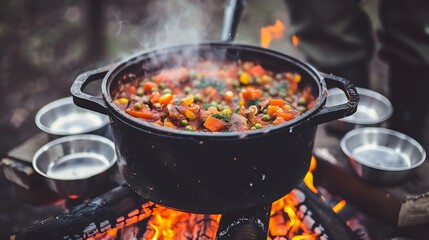 dutch oven campfire cooking recipe: delicious stew pot over open fire for outdoor meals