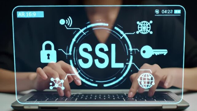 Female Typist Securing Data with SSL Hologram Lock Over Laptop In Dark Attire Featuring Key and Globe on a White Table Top Under Bright Lighting
